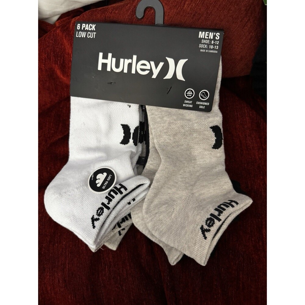 NIB Hurley Mens 6-Pack Low Cut Socks Size 10-13 Black / White / Gray With Logo
